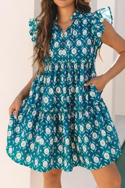 Sale Dear-Lover Retro Floral Print Split Neck Ruffle Short Sleeve Dress Blue