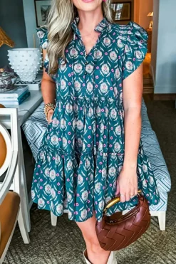 Sale Dear-Lover Retro Floral Print Split Neck Ruffle Short Sleeve Dress Blue