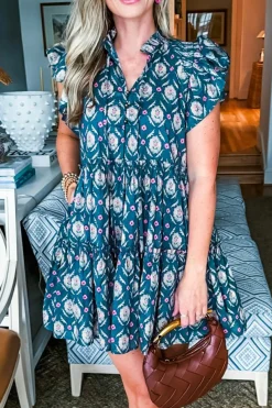 Sale Dear-Lover Retro Floral Print Split Neck Ruffle Short Sleeve Dress Blue