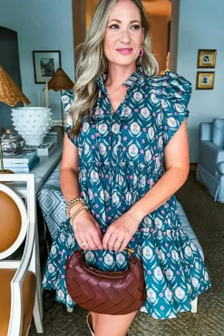 Sale Dear-Lover Retro Floral Print Split Neck Ruffle Short Sleeve Dress Blue