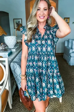 Sale Dear-Lover Retro Floral Print Split Neck Ruffle Short Sleeve Dress Blue