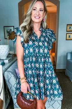 Sale Dear-Lover Retro Floral Print Split Neck Ruffle Short Sleeve Dress Blue