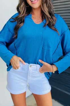 Online Dear-Lover Ribbed Exposed Seam Knit V Neck Long Sleeve Top Blue