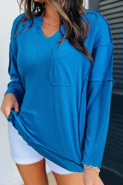 Online Dear-Lover Ribbed Exposed Seam Knit V Neck Long Sleeve Top Blue