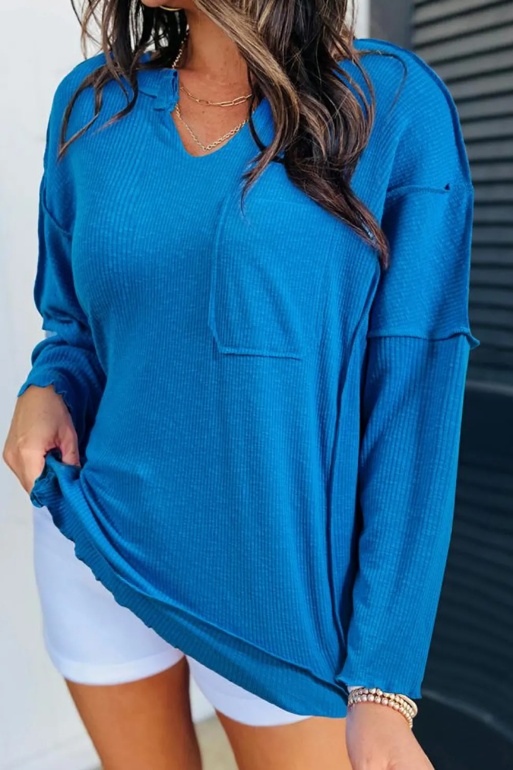 Online Dear-Lover Ribbed Exposed Seam Knit V Neck Long Sleeve Top Blue