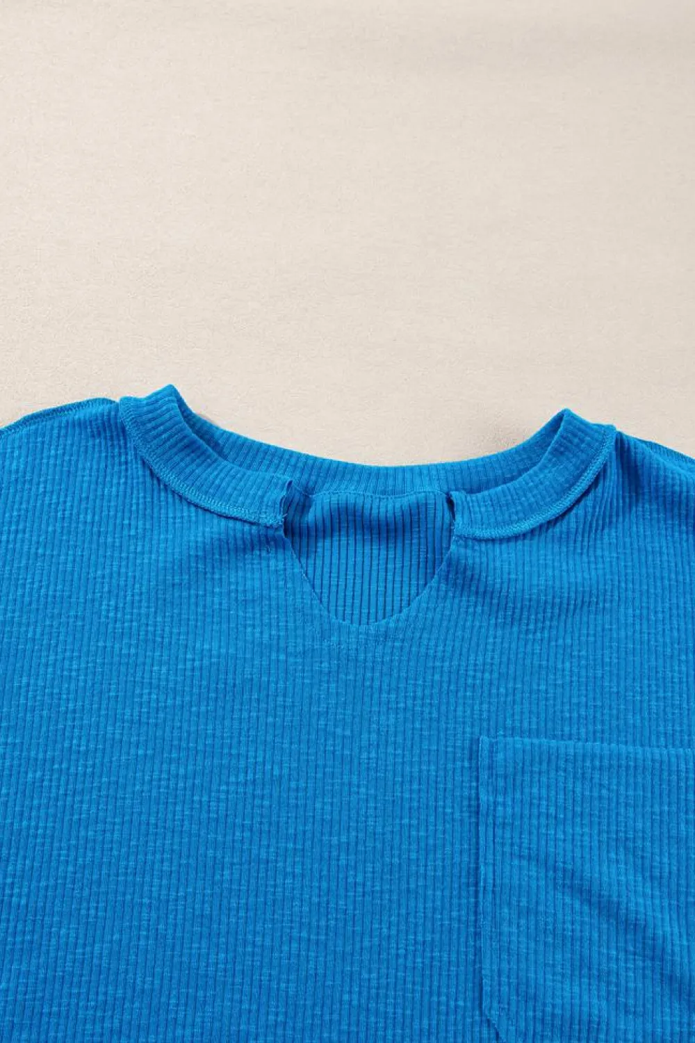 Online Dear-Lover Ribbed Exposed Seam Knit V Neck Long Sleeve Top Blue