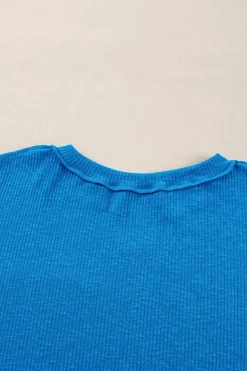 Online Dear-Lover Ribbed Exposed Seam Knit V Neck Long Sleeve Top Blue