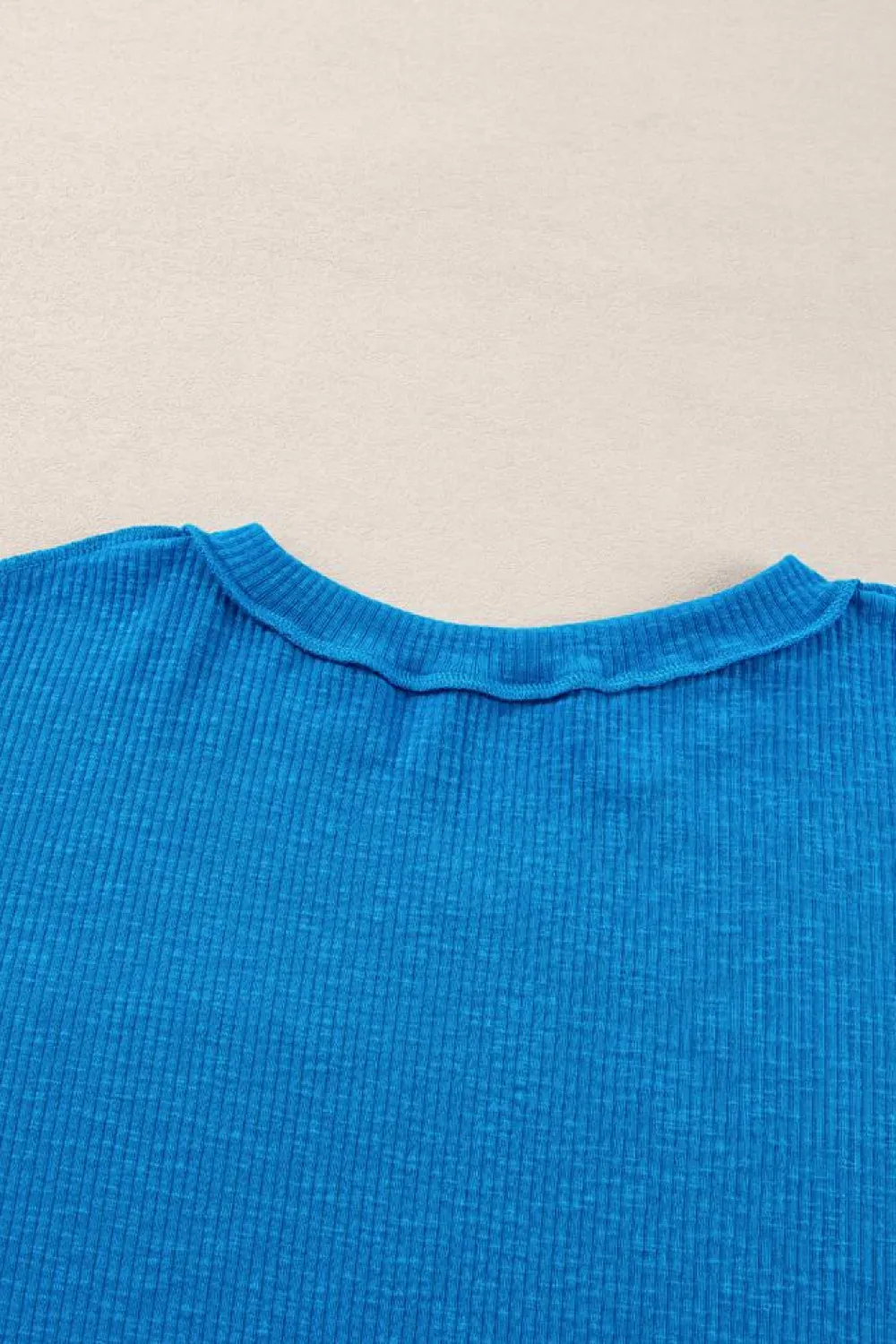 Online Dear-Lover Ribbed Exposed Seam Knit V Neck Long Sleeve Top Blue