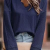 Best Dear-Lover Ribbed Texture Lace Trim V Neck Long Sleeve Top Blue