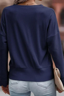 Best Dear-Lover Ribbed Texture Lace Trim V Neck Long Sleeve Top Blue