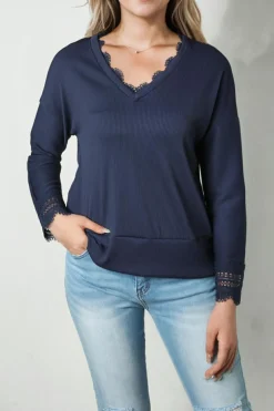Best Dear-Lover Ribbed Texture Lace Trim V Neck Long Sleeve Top Blue