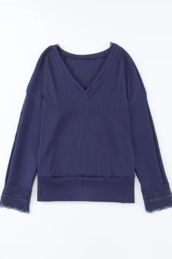 Best Dear-Lover Ribbed Texture Lace Trim V Neck Long Sleeve Top Blue