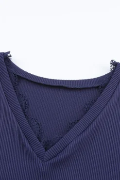 Best Dear-Lover Ribbed Texture Lace Trim V Neck Long Sleeve Top Blue