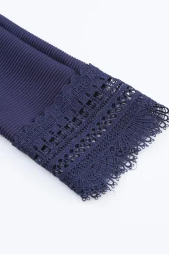 Best Dear-Lover Ribbed Texture Lace Trim V Neck Long Sleeve Top Blue