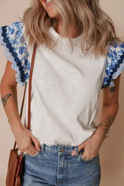 Discount Dear-Lover Ricrac Trim Printed Flutter Sleeve Contrast Patchwork Blouse Blue