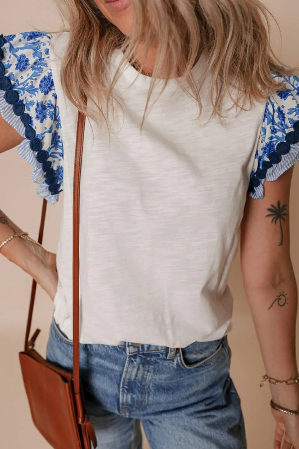 Discount Dear-Lover Ricrac Trim Printed Flutter Sleeve Contrast Patchwork Blouse Blue