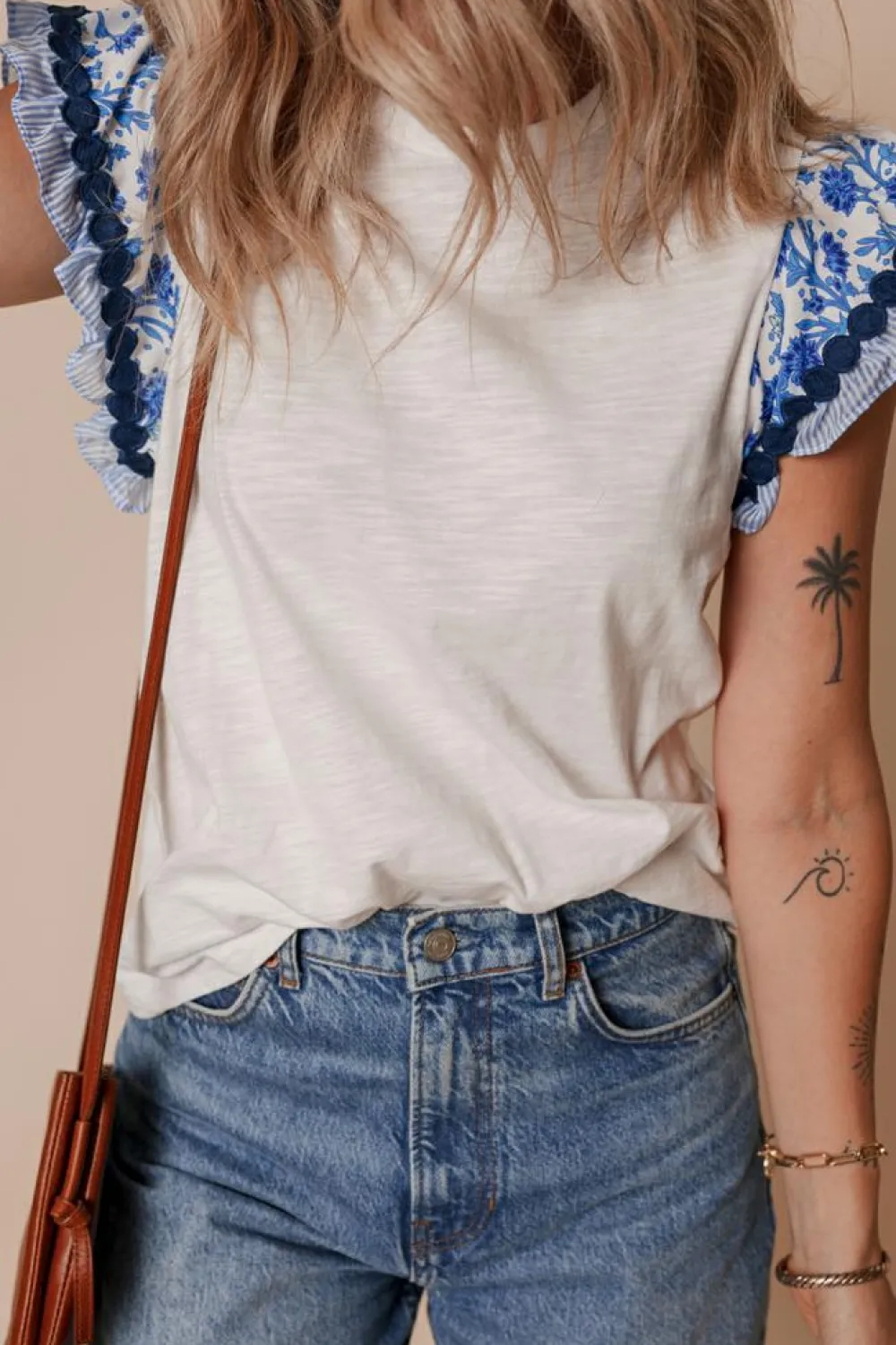 Discount Dear-Lover Ricrac Trim Printed Flutter Sleeve Contrast Patchwork Blouse Blue