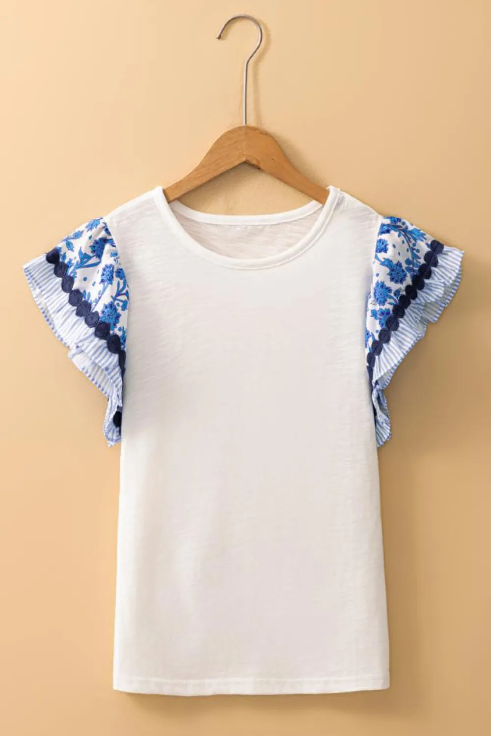 Discount Dear-Lover Ricrac Trim Printed Flutter Sleeve Contrast Patchwork Blouse Blue