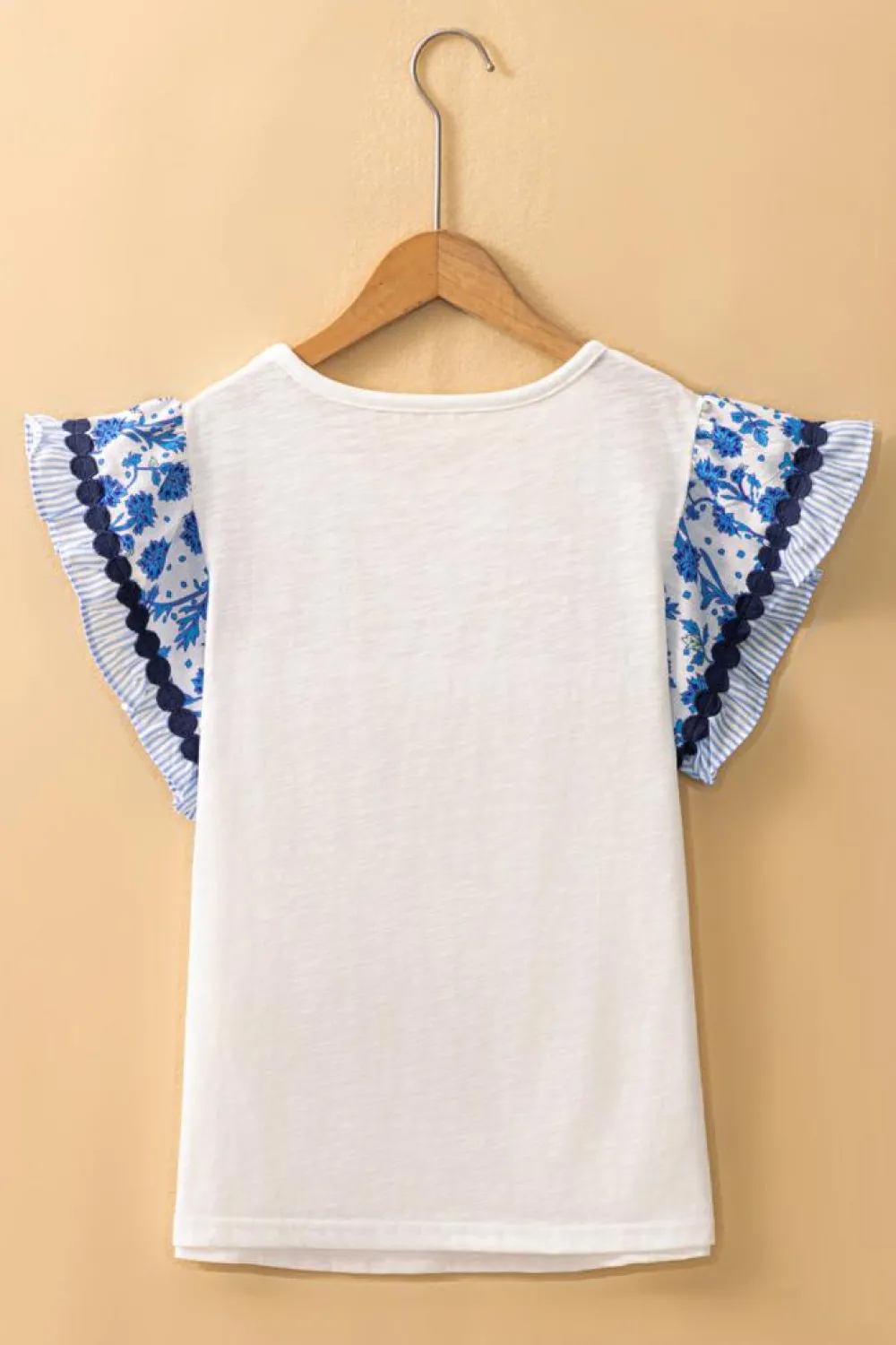 Discount Dear-Lover Ricrac Trim Printed Flutter Sleeve Contrast Patchwork Blouse Blue