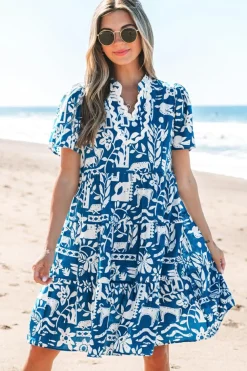 Sale Dear-Lover Ricrac Trim Split Neck Floral Loose Dress Blue