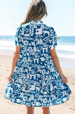 Sale Dear-Lover Ricrac Trim Split Neck Floral Loose Dress Blue