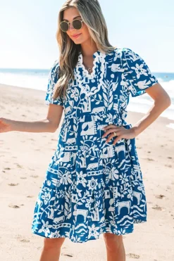 Sale Dear-Lover Ricrac Trim Split Neck Floral Loose Dress Blue