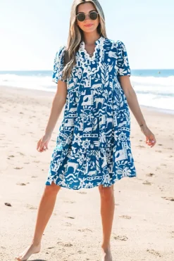 Sale Dear-Lover Ricrac Trim Split Neck Floral Loose Dress Blue