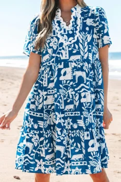 Sale Dear-Lover Ricrac Trim Split Neck Floral Loose Dress Blue
