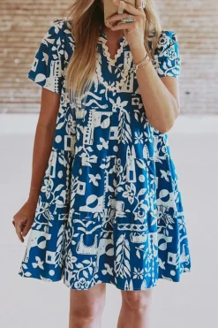 Sale Dear-Lover Ricrac Trim Split Neck Floral Loose Dress Blue