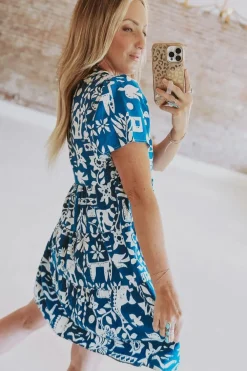 Sale Dear-Lover Ricrac Trim Split Neck Floral Loose Dress Blue