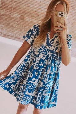 Sale Dear-Lover Ricrac Trim Split Neck Floral Loose Dress Blue