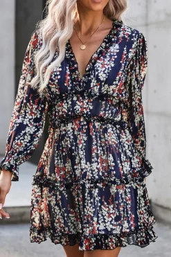 Discount Dear-Lover Ruffle Detailing Open Back Floral Dress Blue
