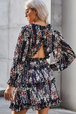 Discount Dear-Lover Ruffle Detailing Open Back Floral Dress Blue