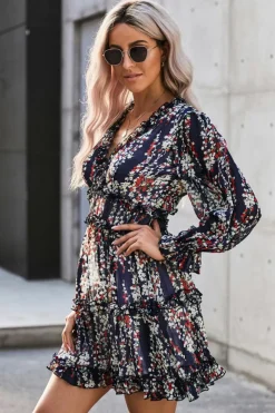 Discount Dear-Lover Ruffle Detailing Open Back Floral Dress Blue