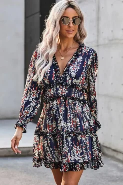 Discount Dear-Lover Ruffle Detailing Open Back Floral Dress Blue