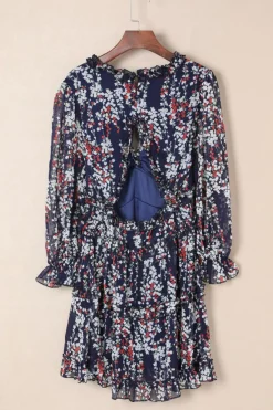 Discount Dear-Lover Ruffle Detailing Open Back Floral Dress Blue