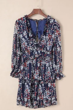 Discount Dear-Lover Ruffle Detailing Open Back Floral Dress Blue