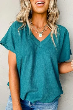 Sale Dear-Lover Crinkled V Neck Wide Sleeve T-shirt Blue Sapphire