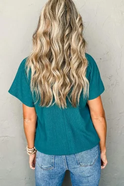 Sale Dear-Lover Crinkled V Neck Wide Sleeve T-shirt Blue Sapphire