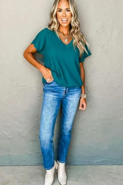 Sale Dear-Lover Crinkled V Neck Wide Sleeve T-shirt Blue Sapphire