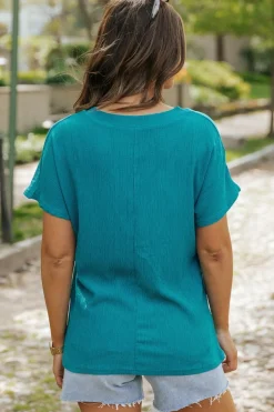 Sale Dear-Lover Crinkled V Neck Wide Sleeve T-shirt Blue Sapphire