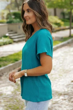 Sale Dear-Lover Crinkled V Neck Wide Sleeve T-shirt Blue Sapphire