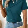 Fashion Dear-Lover Solid Color Toothpick Stripe Round Neck T Shirt Blue Sapphire