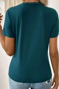 Fashion Dear-Lover Solid Color Toothpick Stripe Round Neck T Shirt Blue Sapphire