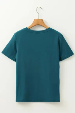 Fashion Dear-Lover Solid Color Toothpick Stripe Round Neck T Shirt Blue Sapphire