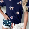 Outlet Dear-Lover Sequin USA Flag Bow Star Graphic Crewneck T Shirt Blue