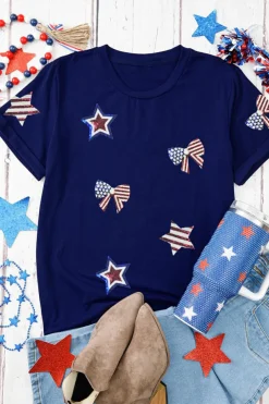Outlet Dear-Lover Sequin USA Flag Bow Star Graphic Crewneck T Shirt Blue