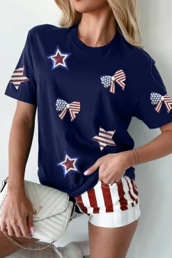 Outlet Dear-Lover Sequin USA Flag Bow Star Graphic Crewneck T Shirt Blue
