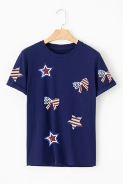 Outlet Dear-Lover Sequin USA Flag Bow Star Graphic Crewneck T Shirt Blue