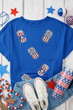 Hot Dear-Lover Sequined American Flag Pop Can Pattern Oversized Tee Blue